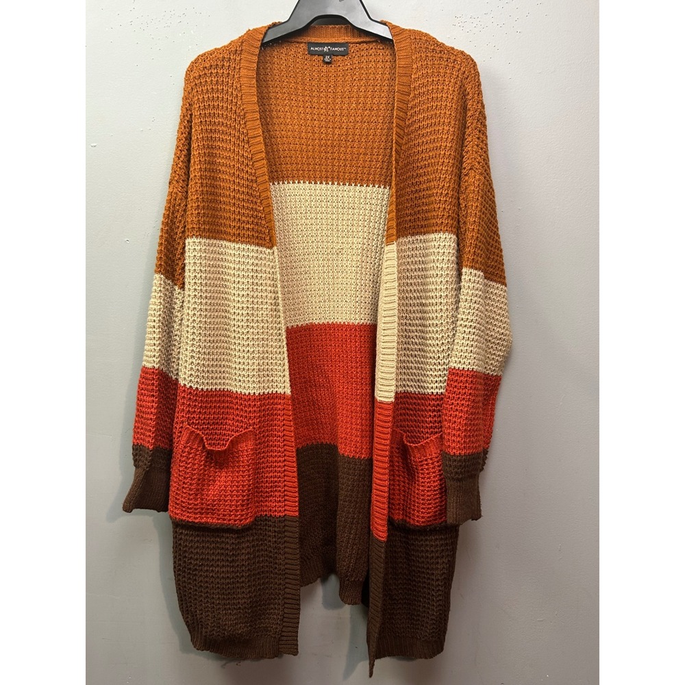 Almost Famous Cardigan Womens 2X Multicolor Colorblock Waffle Knit Chunky